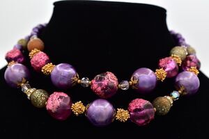 DEAUVILLE Vintage Beaded Collar Necklace Purple Pink Chunky Signed 1950s BinBE